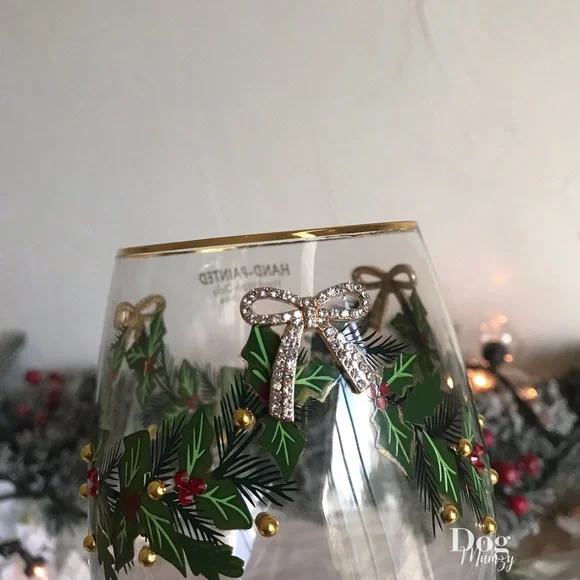 2 Gold Rimmed Holly Berry Ribbon Bow Christmas Stemless Wine Glass